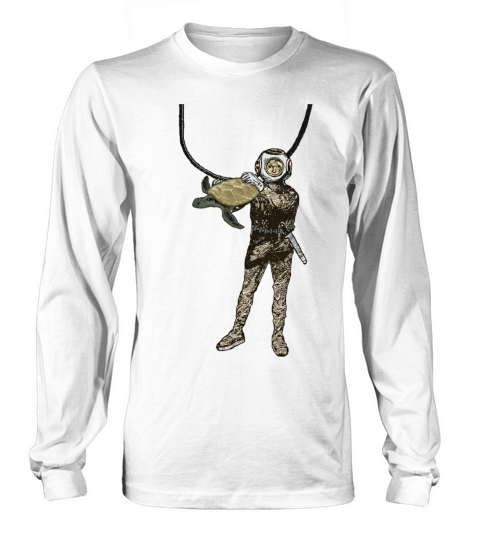 Vintage Helmet Diver Holding a Turtle Underwater Long sleeved Unisex