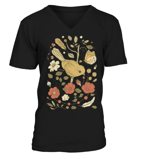 Beige Brown Bird Vintage T-Shirt V-Neck T-shirt