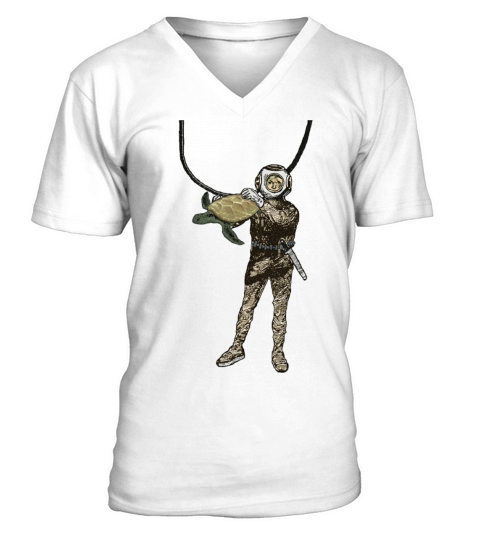 Vintage Helmet Diver Holding a Turtle Underwater V-Neck T-shirt