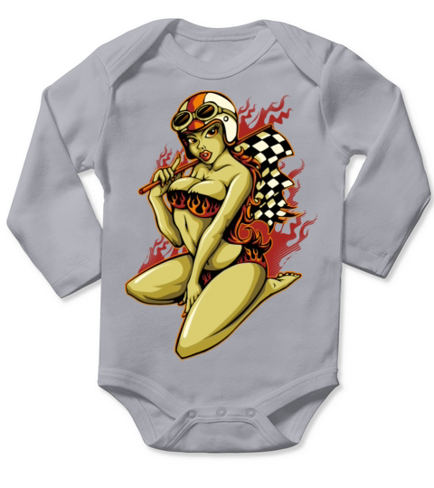 Hot Pin-Up Girl with Racing Flag Long Sleeve Baby One-Piece