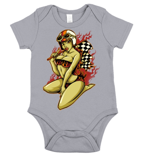 Hot Pin-Up Girl with Racing Flag Short Sleeve Baby One-Piece
