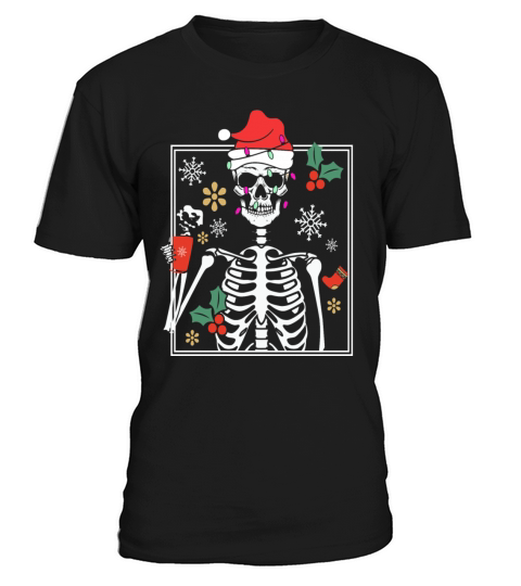 Christmas Skeleton With Smiling Drinking Coffee T-Shirt Unisex
