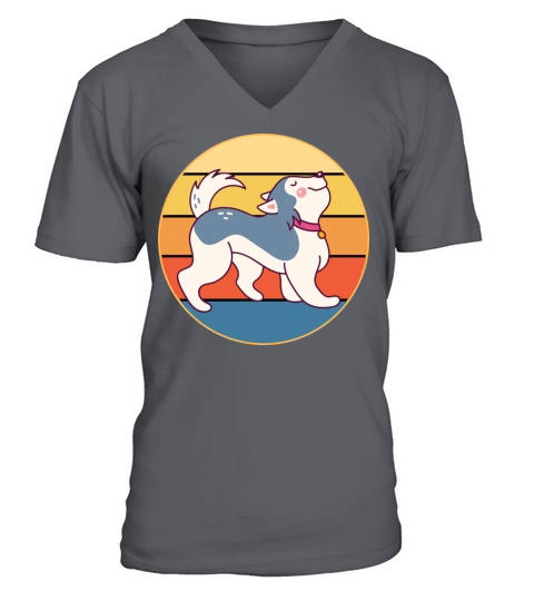 Funny Kawaii Cute Husky Dog Vintage Retro Sunset V-Neck T-shirt