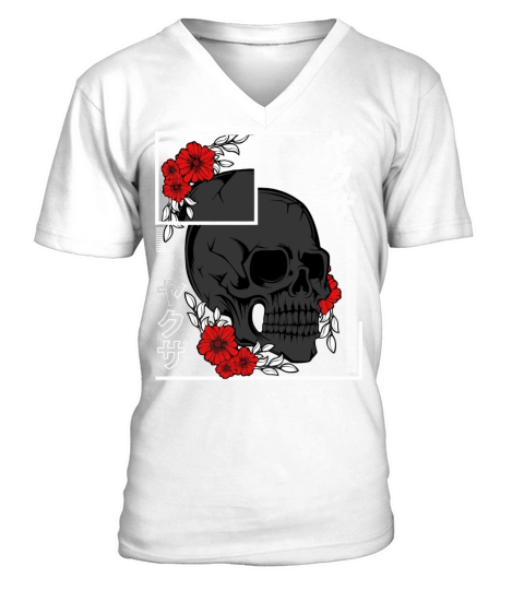 Skull Roses Japanese Retro Vintage Asian Character V-Neck T-shirt