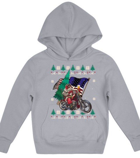 Santa Riding Motorcycle - Christmas Biker US Flag Kids Hoodie