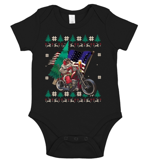 Santa Riding Motorcycle - Christmas Biker US Flag Short Sleeve Baby One-Piece