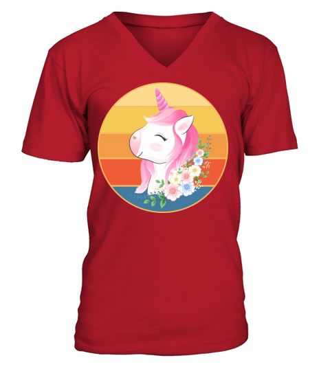 Cute Kawaii Unicorn Retro Sunset Vintage V-Neck T-shirt