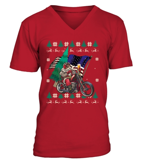 Santa Riding Motorcycle - Christmas Biker US Flag V-Neck T-shirt
