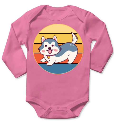 Funny Kawaii Cute Husky Dog Vintage Retro Sunset Long Sleeve Baby One-Piece