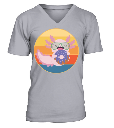 Cute Axolotl Eating Donut Vintage Retro Sunset V-Neck T-shirt