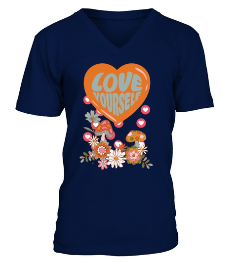 Love yourself retro groovy self care Valentine V-Neck T-shirt
