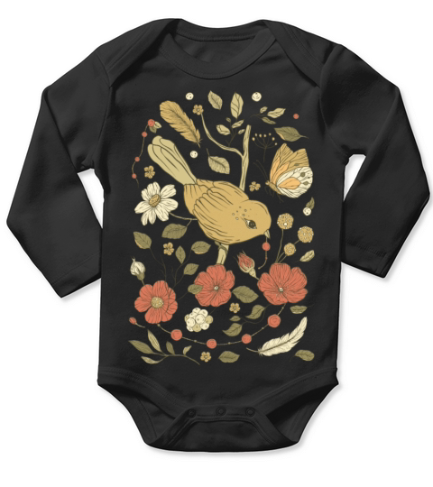 Beige Brown Bird Vintage T-Shirt Long Sleeve Baby One-Piece