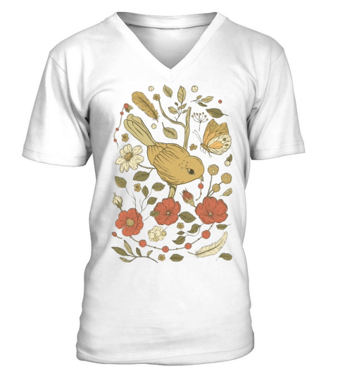 Beige Brown Bird Vintage T-Shirt V-Neck T-shirt