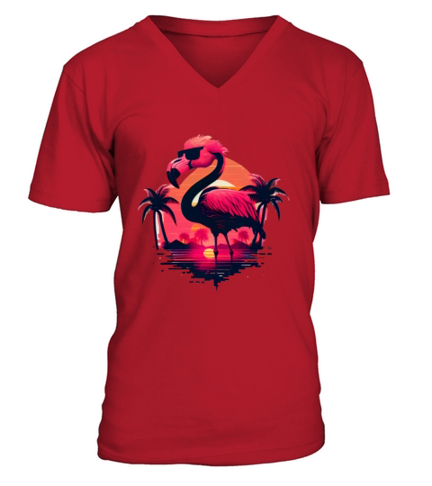 Retro Sunset Pink Flamingo Summer Design Flamingo V-Neck T-shirt