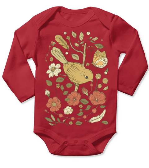 Beige Brown Bird Vintage T-Shirt Long Sleeve Baby One-Piece
