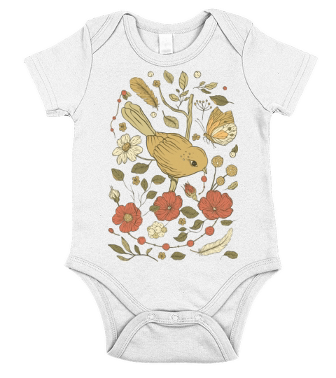 Beige Brown Bird Vintage T-Shirt Short Sleeve Baby One-Piece