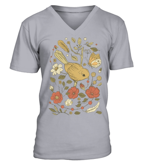 Beige Brown Bird Vintage T-Shirt V-Neck T-shirt