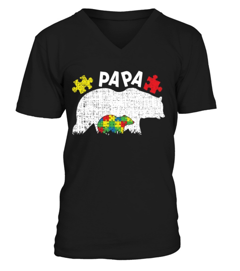 Autism Dad Bear Puzzle Colorful Autism Awareness V-Neck T-shirt