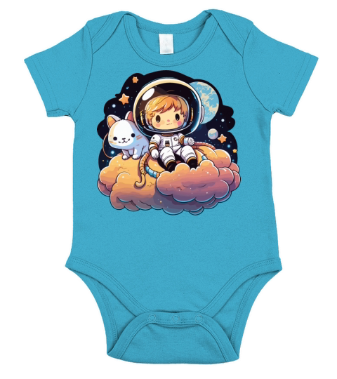 Kawaii Astronaut With A Cat Sitting On The Clouds Short Sleeve Baby One-Piece