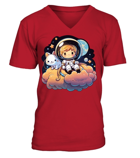 Kawaii Astronaut With A Cat Sitting On The Clouds V-Neck T-shirt