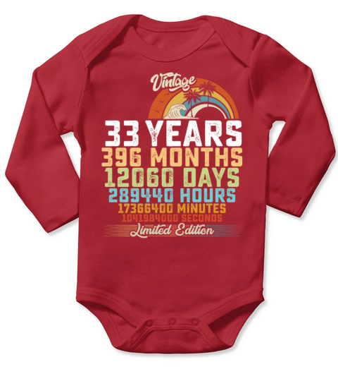 33rd Birthday 33 Years Hours Month Vintage Long Sleeve Baby One-Piece