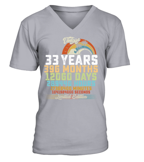 33rd Birthday 33 Years Hours Month Vintage V-Neck T-shirt