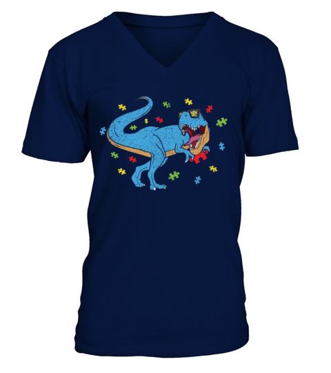 Roar Dinosaur Raptor Puzzle Autism Awareness V-Neck T-shirt