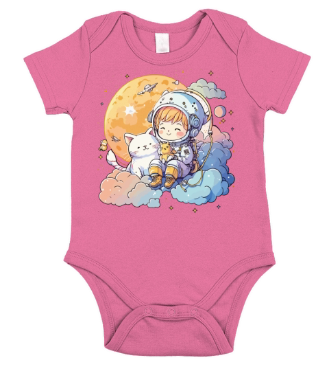 Kawaii Astronaut With A Cat Sitting On The Clouds Short Sleeve Baby One-Piece