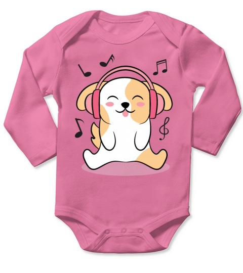 Cute Dog Listening To Music Long Sleeve Baby One-Piece