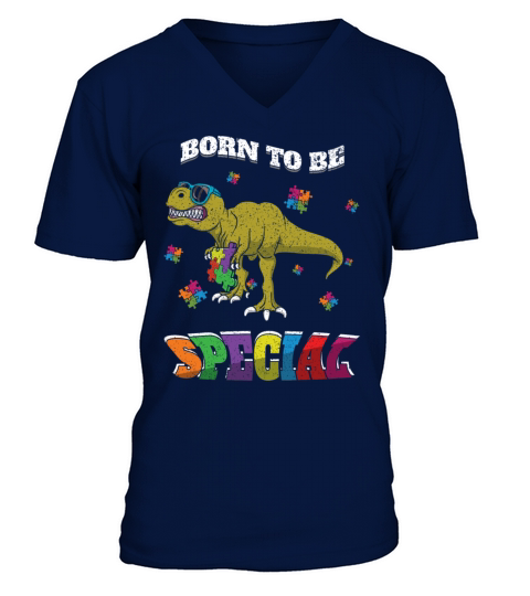 Dinosaur Born Special Puzzle Autism Awareness V-Neck T-shirt