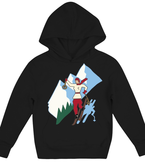 Ski Girl on Mountain Vintage Style Illustration Kids Hoodie