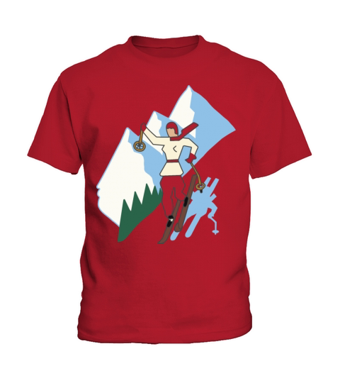 Ski Girl on Mountain Vintage Style Illustration Kids T-Shirt