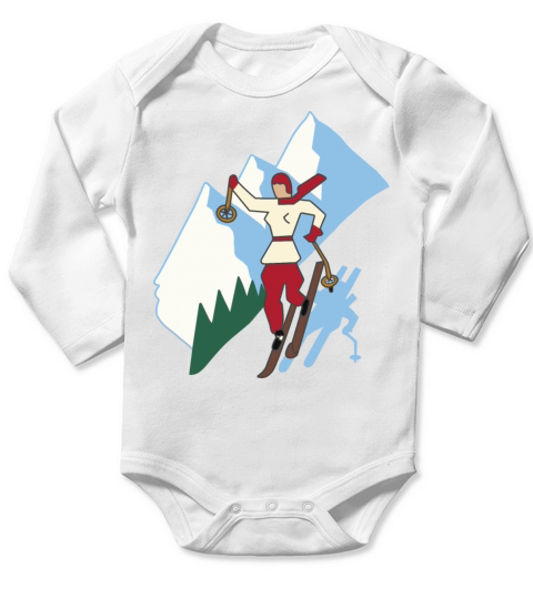 Ski Girl on Mountain Vintage Style Illustration Long Sleeve Baby One-Piece