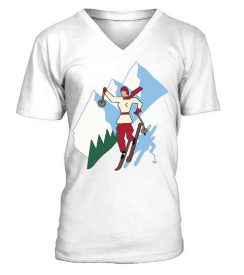 Ski Girl on Mountain Vintage Style Illustration V-Neck T-shirt