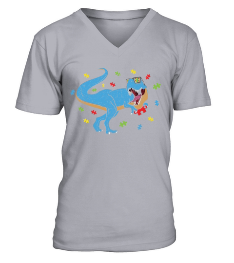 Roar Dinosaur Raptor Puzzle Autism Awareness V-Neck T-shirt