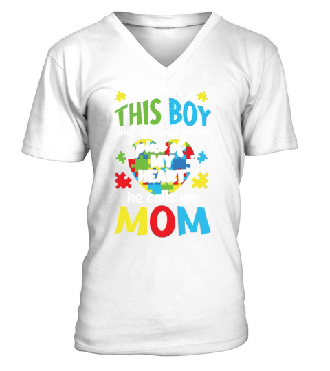 Boy Calls Me Mom Puzzle Autism Awareness V-Neck T-shirt