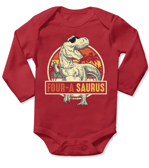 Kids 4 Year Old Dinosaur Birthday 4th Vintage Long Sleeve Baby One-Piece
