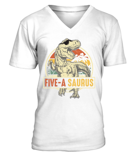Kids 5 Year Old Dinosaur Birthday 5th Vintage V-Neck T-shirt