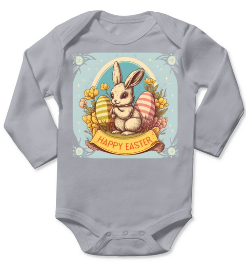 Vintage Easter Bunny Floral Egg Hunting Rabbit Long Sleeve Baby One-Piece