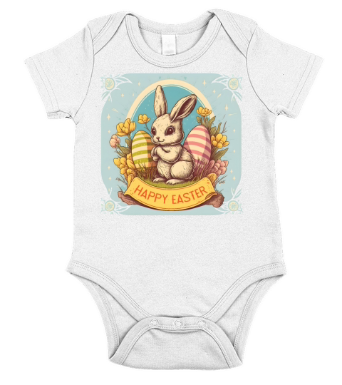 Vintage Easter Bunny Floral Egg Hunting Rabbit Short Sleeve Baby One-Piece
