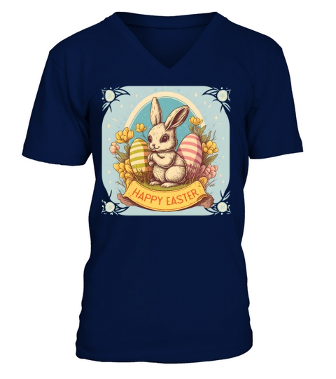 Vintage Easter Bunny Floral Egg Hunting Rabbit V-Neck T-shirt
