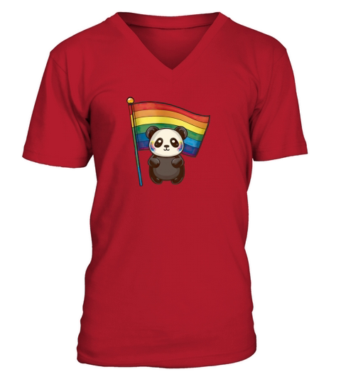 Cute Kawaii Panda Pride with rainbow flag V-Neck T-shirt