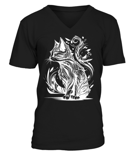 Vintage Tattoo Tribal Lines Style Cat V-Neck T-shirt