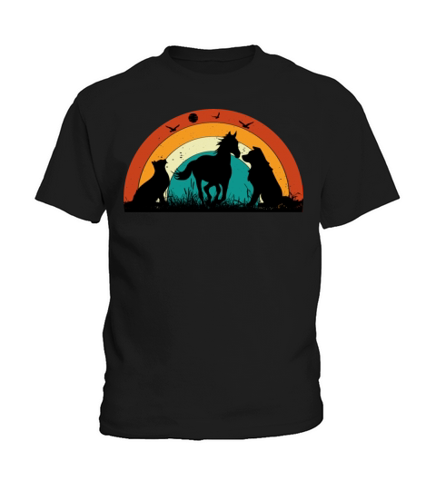 Cat Dog Horse Sunset Colorful Graphic Kids T-Shirt