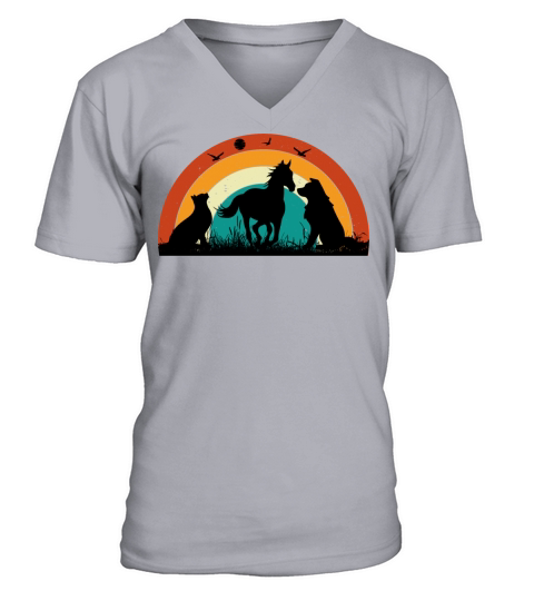 Cat Dog Horse Sunset Colorful Graphic V-Neck T-shirt