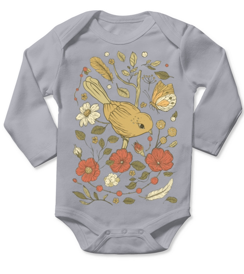 Beige Brown Bird Vintage T-Shirt Long Sleeve Baby One-Piece