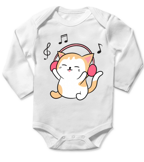 Cute Cat Listening To Music Long Sleeve Baby One-Piece
