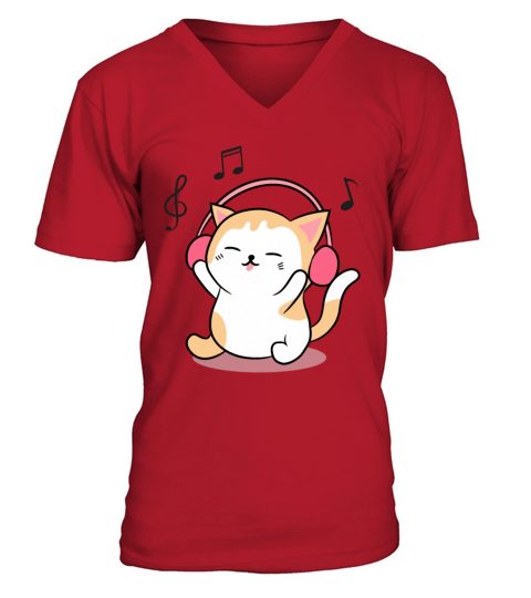 Cute Cat Listening To Music V-Neck T-shirt