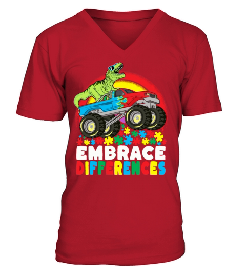 Embrace Differences TRex Monster Truck Autism kids V-Neck T-shirt