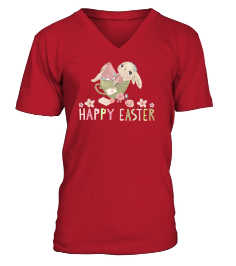 Happy Easter with vintage pastel cute bunny girl V-Neck T-shirt
